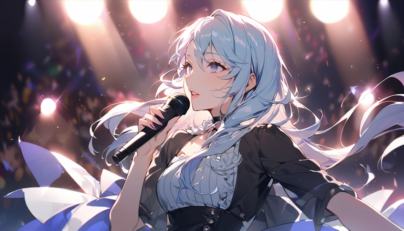 sharp, Glamorous shot of a young woman in her 20s, K-POPアイドルに似ている, on stage, Mid-performance, With theater lighting, Showcasing the power and beauty of opera singing,masterpiece, Awesome girl, Pale pink lips, Light blue hair,Asuka,intellectual