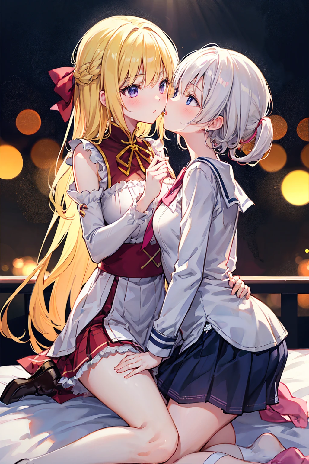 Anime image of women kissing on bed, Anime Girls, Lesbian Art, Naughty anime style, Cute kiss together, Naughty, Naughty style, 魅惑的なAnime Girls, On Pixiv, Beautiful detailed anime art, Download contents, [ 4K Digital Art ]!!, two beautiful Anime Girls, The headquarters is very knowledgeable, On Pixiv高評価，((Highest quality)), (Very detailed), (High-definition CG synthesis 8K wallpaper), 高いly detailed, 高い-definition raw color photos, Professional photography, (((Bokeh))), Written boundary depth,