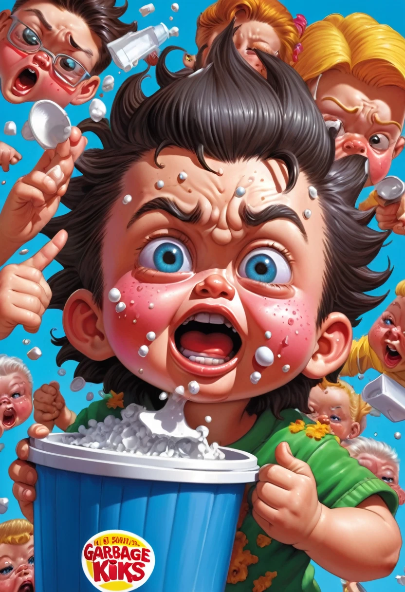 kid popping pimples on his face, ((garbage pail kids style)), in a school, 3d cartoon, high quality, detailed,