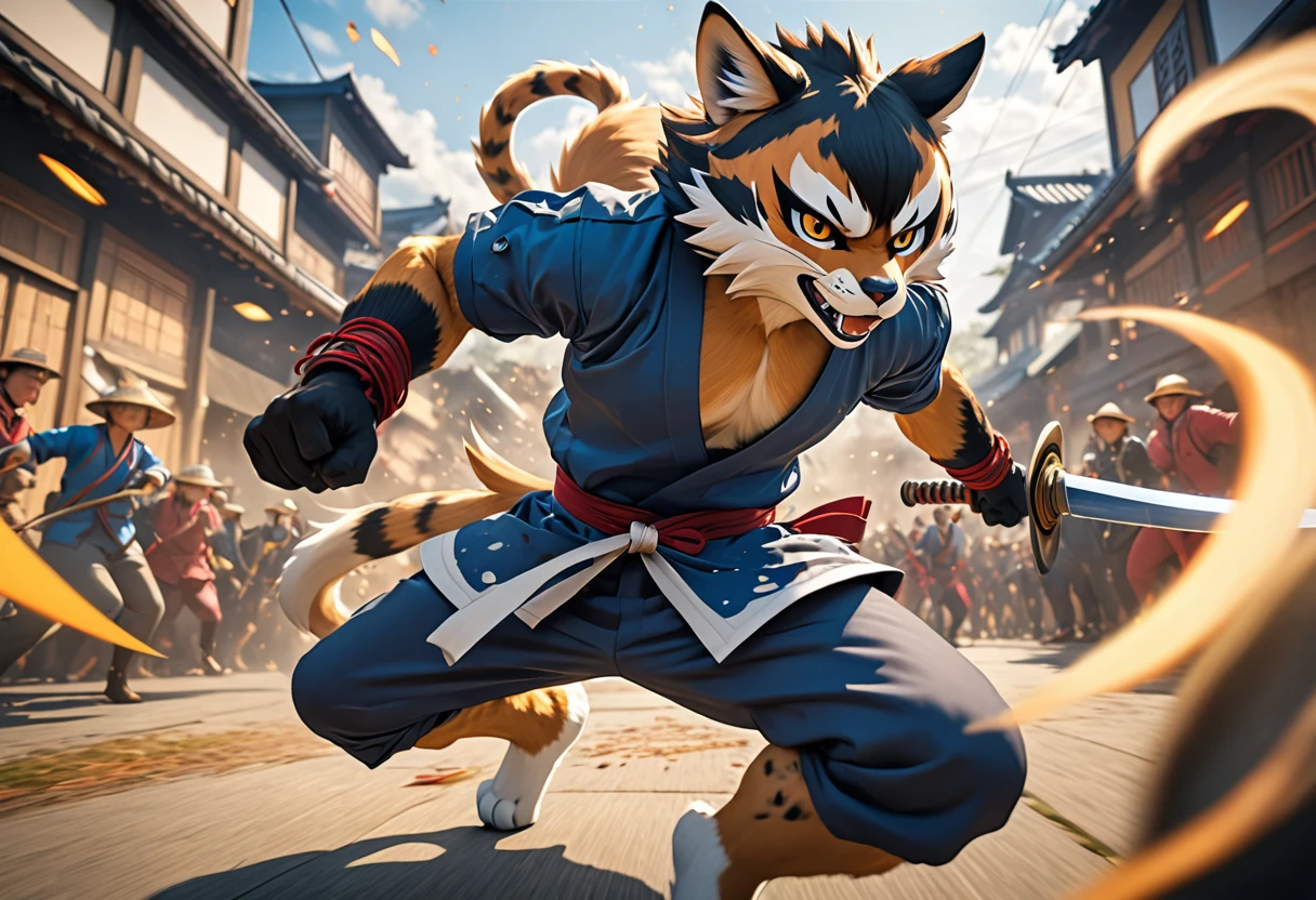 top quality, high-quality illustrations((masterpiece))depth of field, motion blur, absurdres, Perfect ???????, magnificent picture of kemono fighting fierce battles, kemono, 1boy, solo focus, Anthro((dramatic))epic, weapon, dynamic pose, One scene of movie,