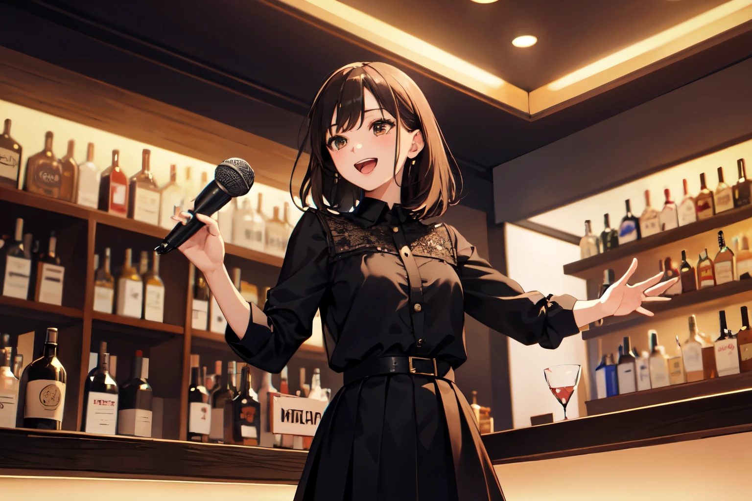 (masterpiece:1.3, Highest quality, Ultra-high resolution, Very detailed), A great smile, Open your mouth wide, One girl, Medium Hair, Get excited, Looking this way, Brown eyes, Black blouse, Black Skirt, With the microphone, Song, Singing passionately, night, bar, counter, 