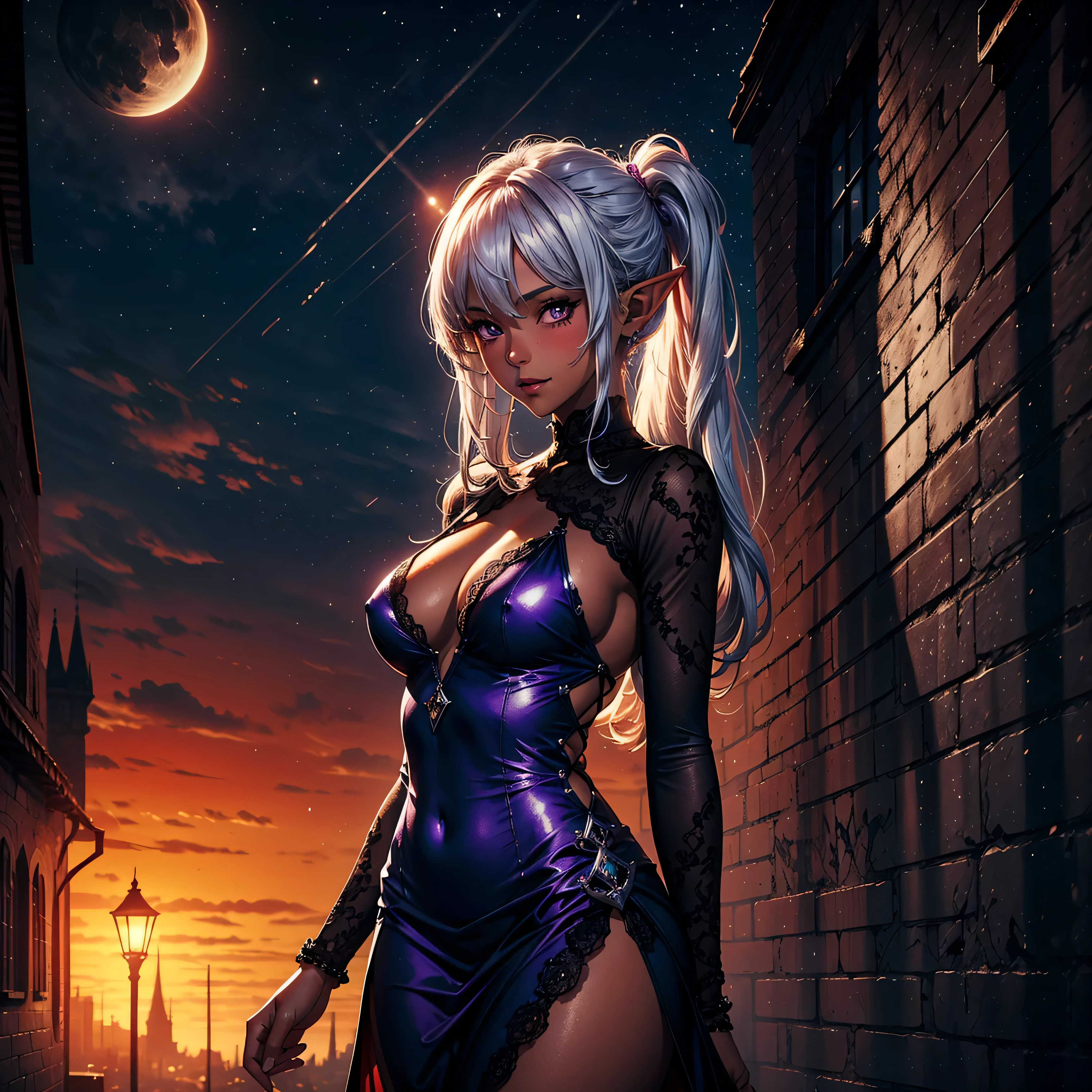 1girl, (solo), elf, long asymmetrical hair, white hair, long pointed ears, ((purple eyes!!)), smile, blushing, (medium breasts), dark skin, sexy red dress, walking, from the side, medieval castle behind, medieval castle, (night), (very sexy body, detailed face, detailed eyes, masterpiece, highly detailed, 8k, best quality, vibrant colors, digital art, concept art)