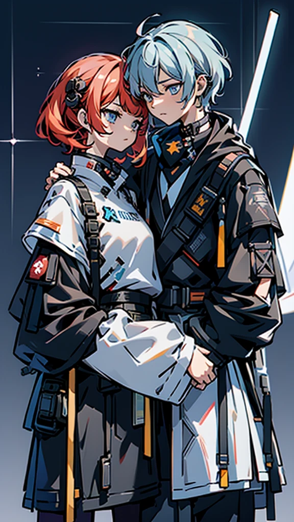 Men and women with the same face、, Men and women with the same eye color、, Men and women with the same hairstyle and hair color、, Embrace each other、, twins、, constellation、, star、, universe、, Cyberpunk clothing, cinematic lighting, UHD, highres, best quality, 8k