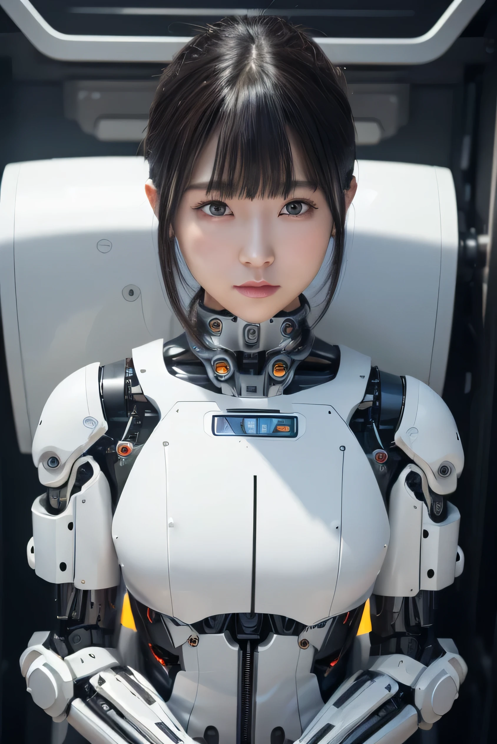 masterpiece, best quality, extremely detailed,  Japaese Cyborg girl,Plump , control panels,android,Droid,Mechanical Hand, Robot arms and legs, Black Robot Parts,Black hair,Mechanical body,Blunt bangs,White robotics parts,perfect robot girl,long tube,thick cable connected her neck,ceramic body ,mechanical body, mechanical ear cover, mechanical costume,android,robot,humanoid,cyborg,japanese android woman ,mechanical chest,full eyes,future laboratory,connecting a cable between the legs,