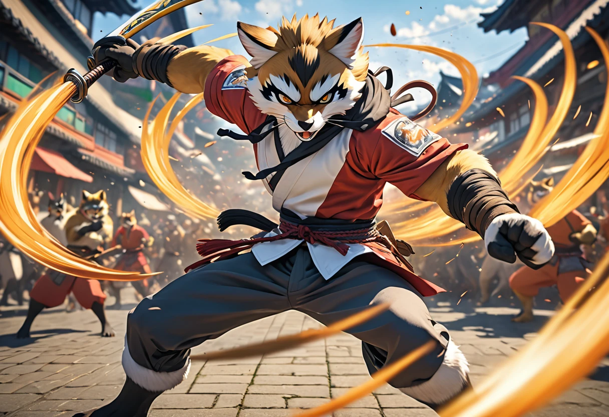 top quality, high-quality illustrations((masterpiece))depth of field, motion blur, absurdres, Perfect Anatomy, magnificent picture of kemono fighting fierce battles, kemono, 1boy, solo focus, Anthro((dramatic))epic, weapon, dynamic pose, One scene of movie,