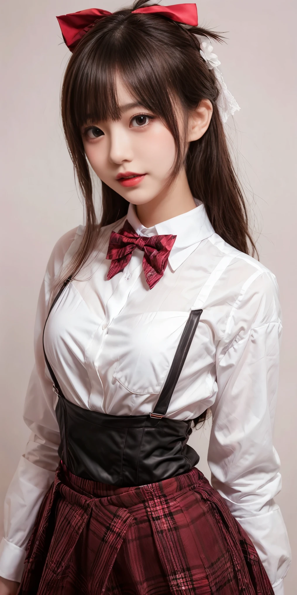 1 girl, only, Small breasts, suspender skirt, white shirt, red bow tie, happy