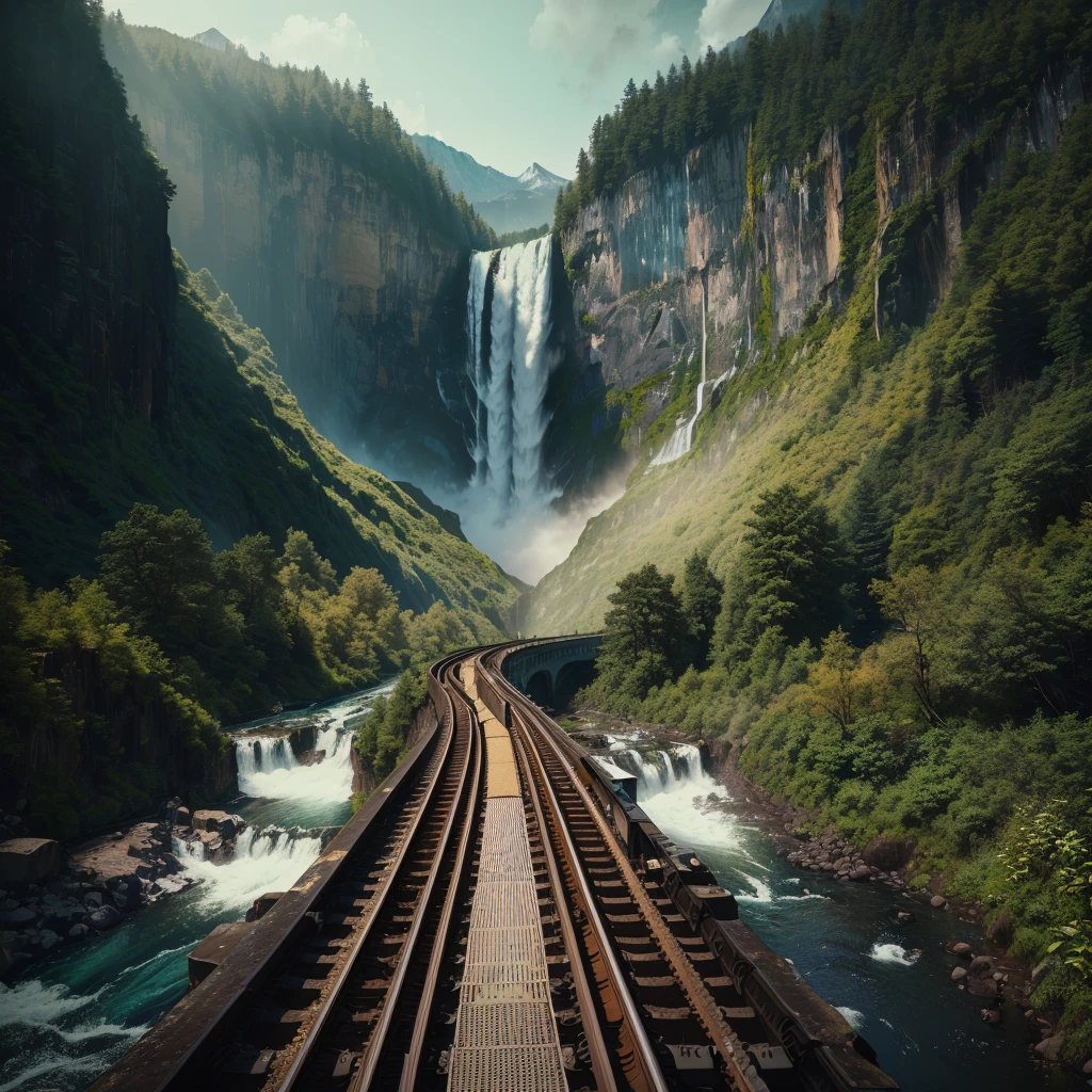 A train runs along the tracks near the waterfall, Endless Waterfall, unsplash Contest winning photo, railway, 4K portrait wallpaper, 4K vertical wallpaper, Adventure Hyper Real Rendering, Jason A. Engle, 4K Wallpapers of Movies, Cinematic 4K Wallpapers, traveling through the mountains, Waterfall in the background, With waterfall, Waterfall in the distance