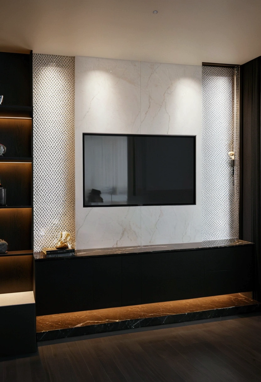 a rendering of'une télévision montée sur un mur avec un panneau en marbre, marble and wood and glass, furniture concept photo!!, 3d rendering, 3d rendering, 3D model rendered, with detailed wood, neotraditional modern, Mixed materials, conception 3D, conception 3D, 3d rendering détaillé, detailed 3D rendering, furniture'Armoire, notion 3D