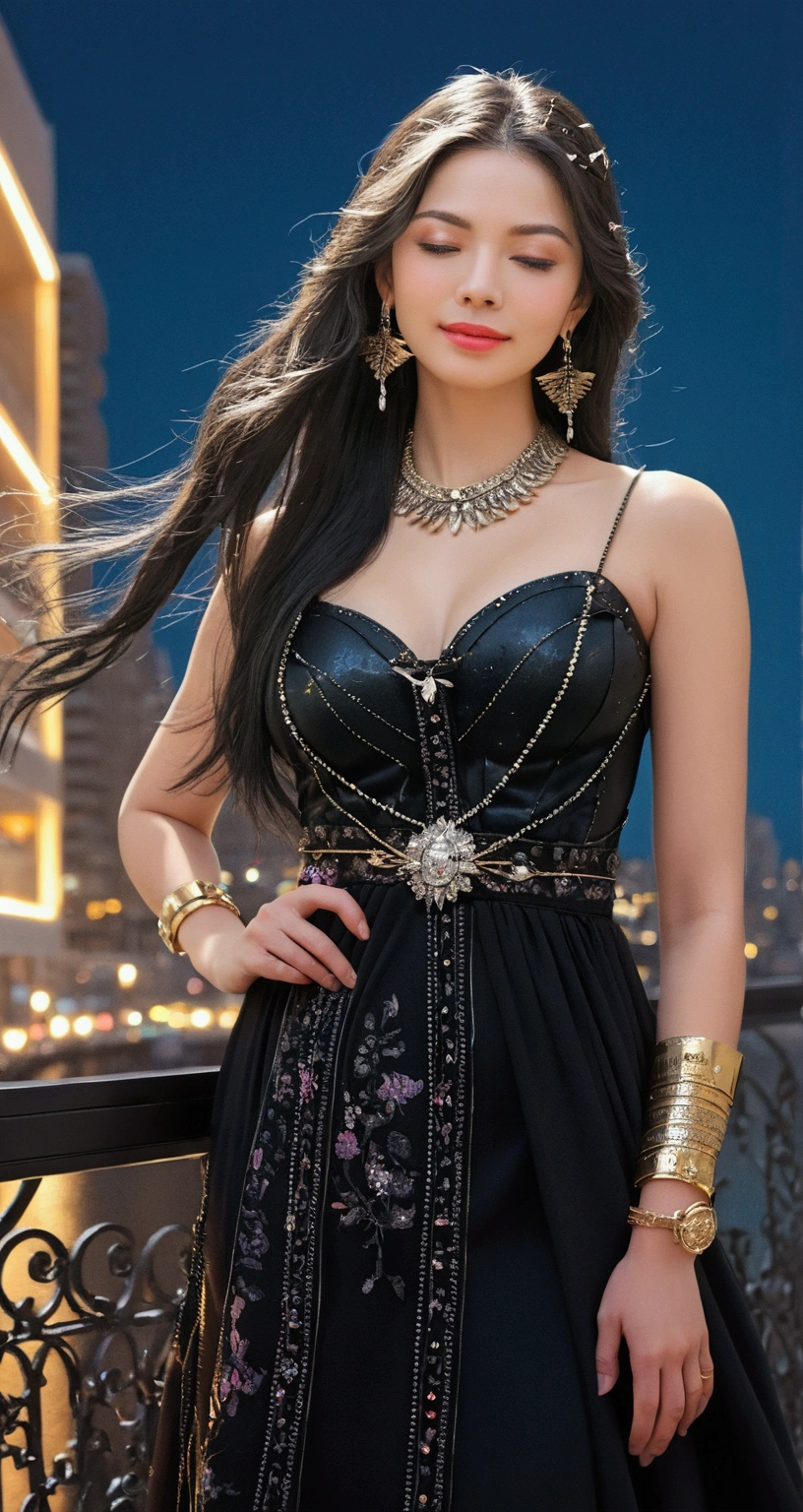(Tabletop, Digital Art, Digital Illustration, 4K, 8k, Very detailed, Beautiful images, Clear images, Realistic, RAW Photos, Perfect Face, Perfect Lines, Perfect Eyes, Soft lighting) ,1 female, (Long black hair,Bullish gaze,Beautiful woman,Mouth closed,Grin,mature,thin,23-year-old female,:1.3),Wearing an off-the-shoulder black sweater, She looks at the viewer.、Earrings and necklace in rose gold、Black and blue gradient background