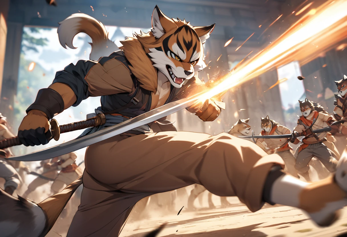 top quality, high-quality illustrations((masterpiece))depth of field, motion blur, absurdres, Perfect Anatomy, magnificent picture of kemono fighting fierce battles, kemono, 1boy, solo focus, Anthro((dramatic))epic, weapon, dynamic pose, One scene of movie,