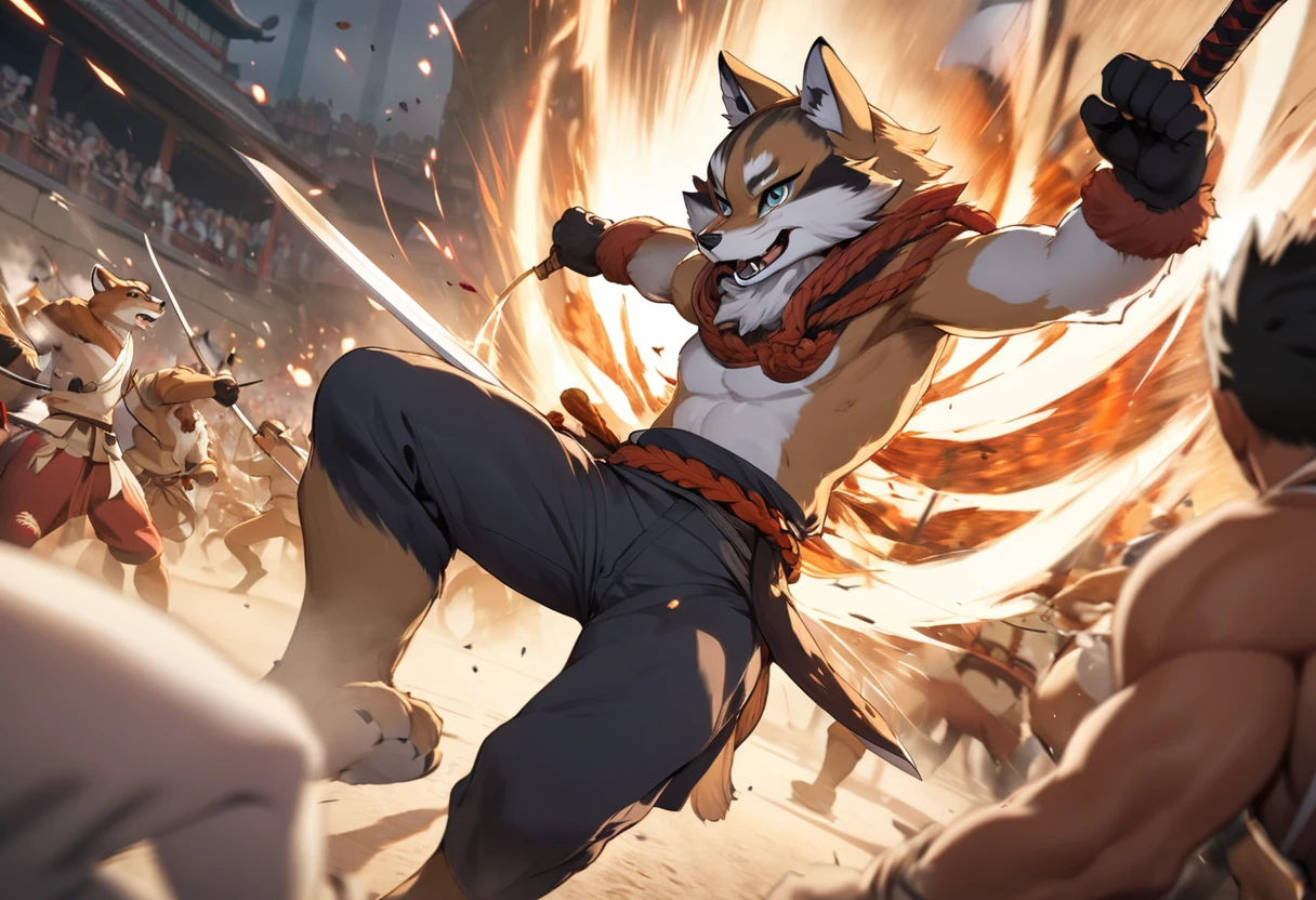 top quality, high-quality illustrations((masterpiece))depth of field, motion blur, absurdres, Perfect Anatomy, magnificent picture of kemono fighting fierce battles, kemono, 1boy, solo focus, Anthro((dramatic))epic, weapon, dynamic pose, One scene of movie,