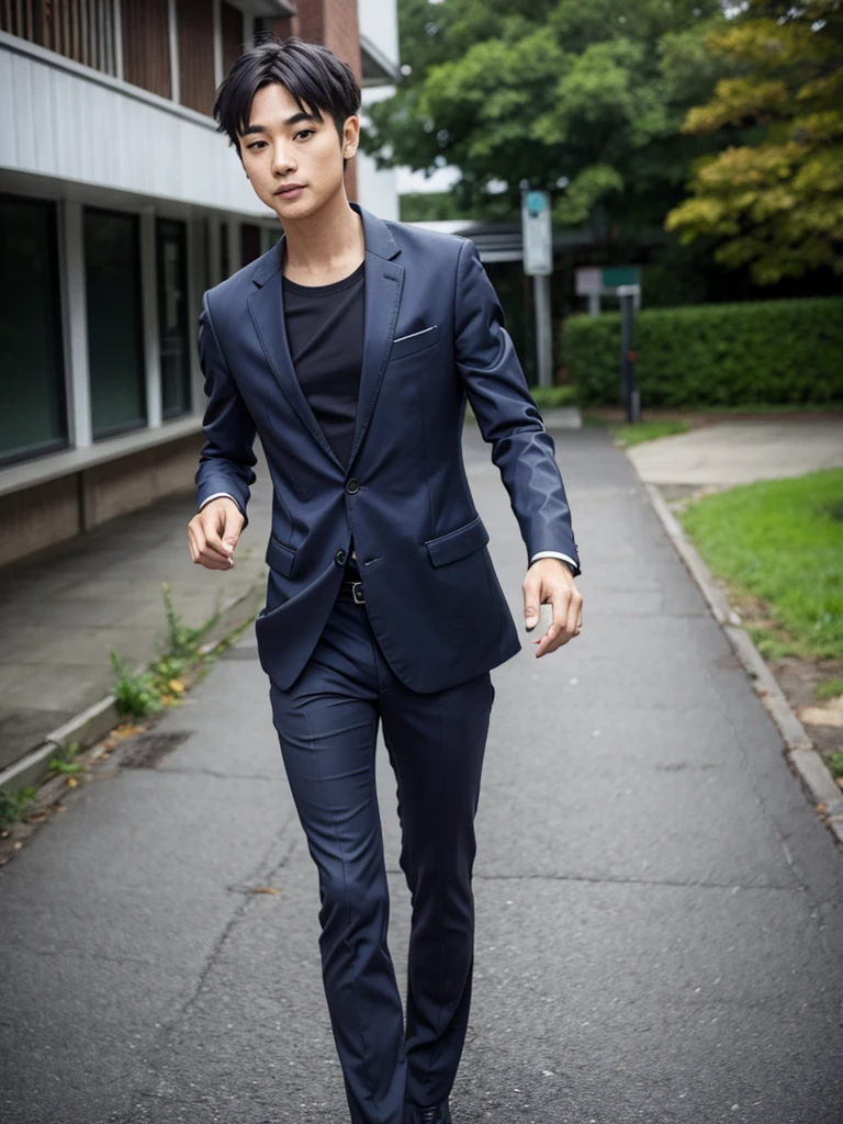 Yukihira wearing a black suit walking while smoking on a drizzly day, HD, realistic, 4K