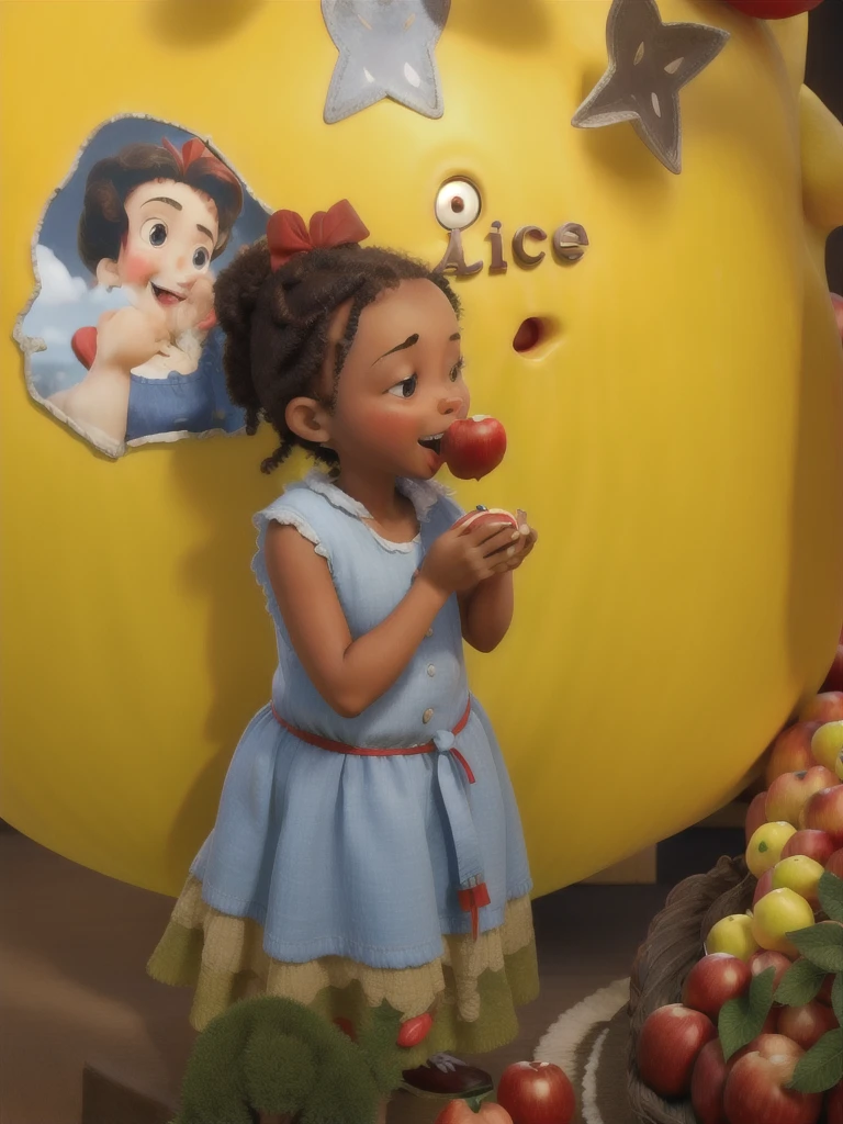  with red ribbon on head , biting an apple.
