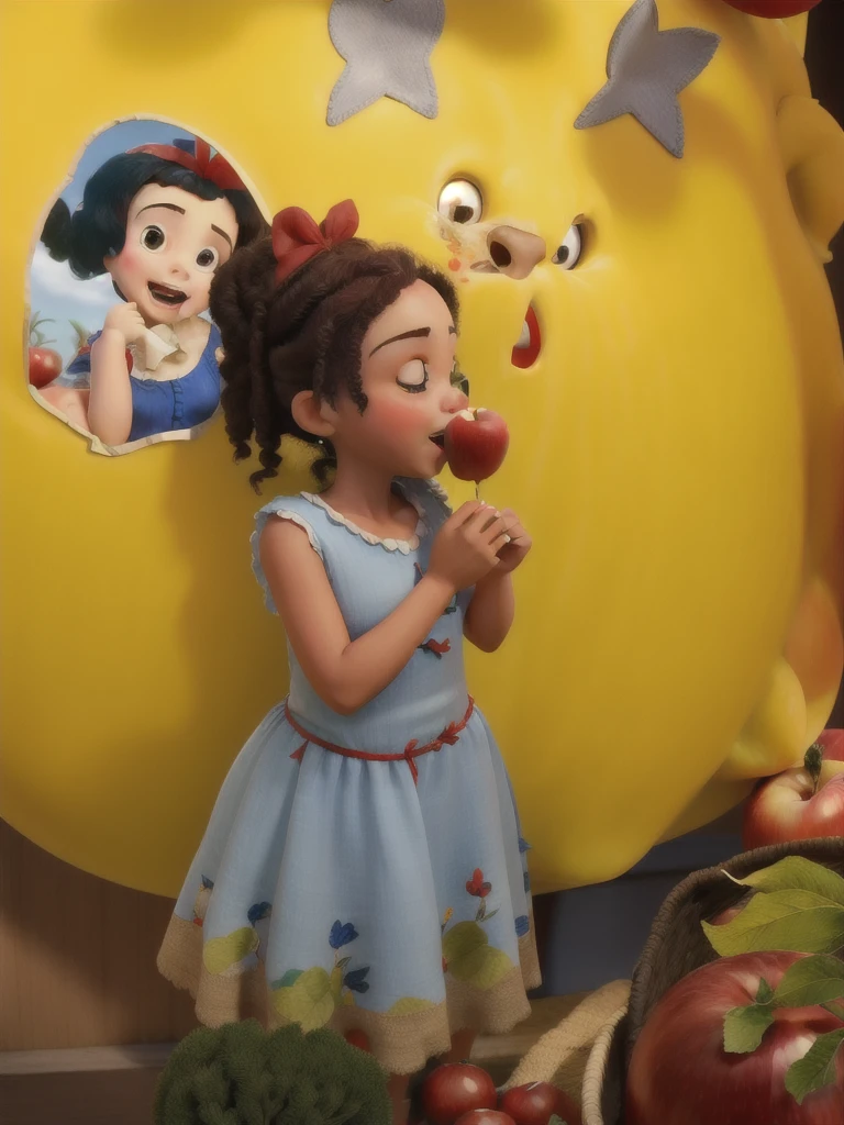 with red ribbon on head , biting an apple.