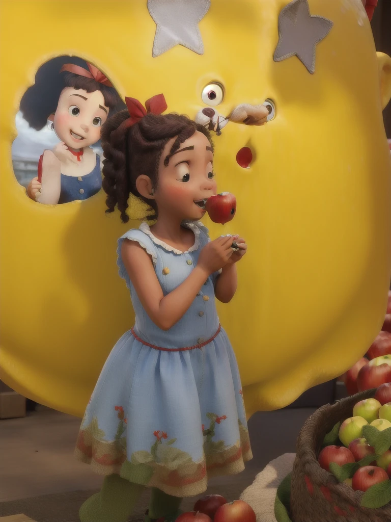 with red ribbon on head , biting an apple.