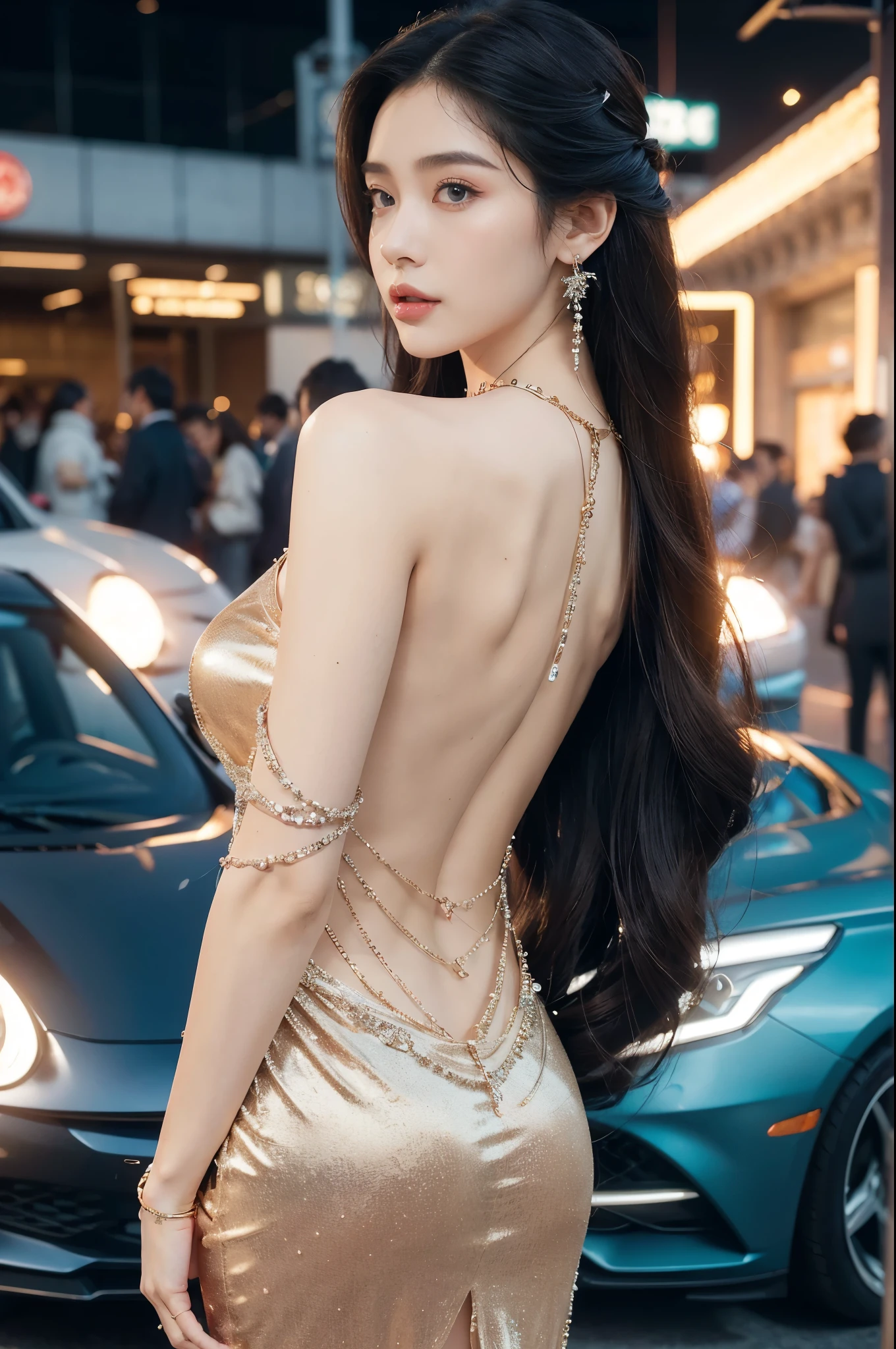 (((best quality))),(((ultra detailed))),(((masterpiece))),illustration,((1girl,gorgeous female model,solo)),((earrings,crystal necklace)),((slim,thin)),((bare back,towering hips,butt crack)),(standing:1.3),(beside a sleek futuristic car:1.3),(glamorres sparkled dress:1.3),intricate embellishments,drop-dead gorgeous,(shoulder length straight hair:1.2),vibrant piercing eyes,delicate facial features,rosy cheeks,parted res lips,confident allure,beauty grace,intricate patterns,shimmering fabric,elegant draping,complementary skin tone,radiates beauty,allure,sleek streamlined design,futurism,smooth curves angles,ambient lighting,ethereal aura,intricate patterns,LED lights,glow,sea of activity,(surrounded by crowded crowds:1.3),examine cars,electric atmosphere,cyberpunk style,excitement anticipation,energy palpable,enthusiasm future automobiles,modern elegance,technological innovation,captivating vibrant scene,invite viewers step into future,embrace beauty,((from back,upper body))