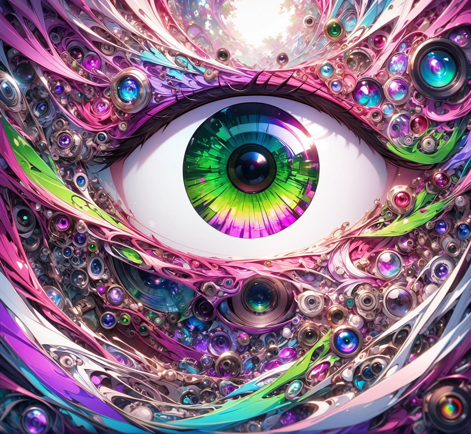 Eye, camera lens, white, red, purple, green, pink, 8k unity wallpaper, super detailed