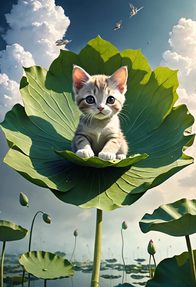 "Visualize an interpretation of a baby cat, floating in the sky on a large lotus leaf.  Play with perspective and layering, to create a multidimensional composition, which questions traditional notions of space and form. Be inspired by the avant-garde spirit of and see nature in a fresh and innovative light.. Unleash your creativity, as you bring this imaginative scene to life on the screen