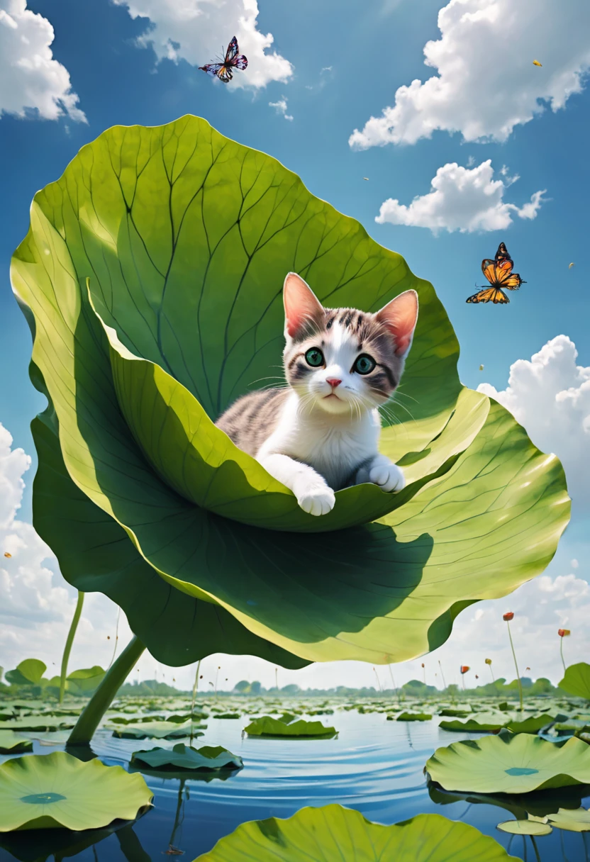 "Visualize an interpretation of a baby cat, floating in the sky on a large lotus leaf.  Play with perspective and layering, to create a multidimensional composition, which questions traditional notions of space and form. Be inspired by the avant-garde spirit of and see nature in a fresh and innovative light.. Unleash your creativity, as you bring this imaginative scene to life on the screen