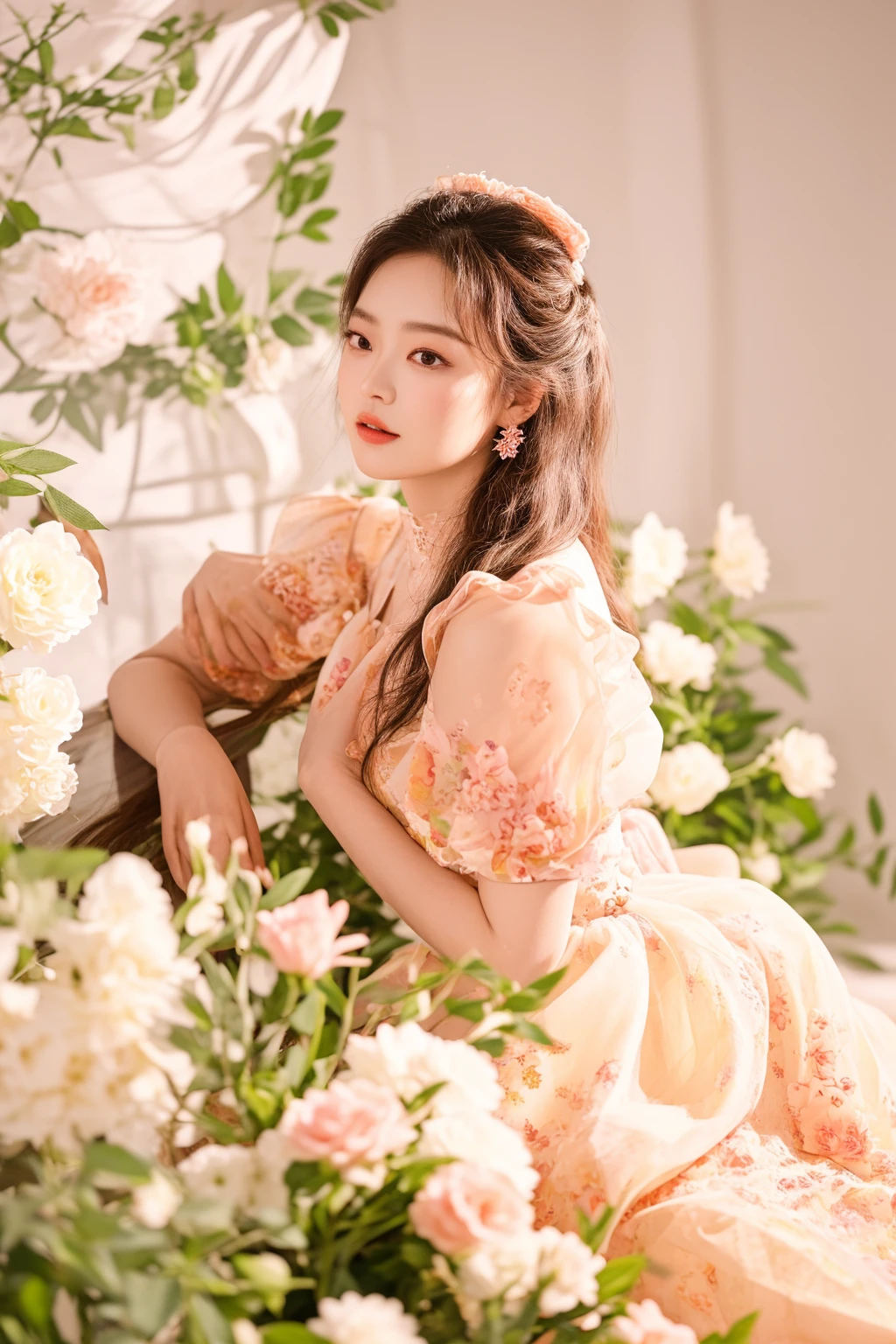 there is a woman sitting on a chair in a dress, blackpink jennie, song hye - kyo, sha xi, in romantic style, with flowers, mai anh tran, inspired by Huang Ji, lady with glowing flowers dress, fanart, hwang se - on, jia, romantic dress, dreamy and ethereal, wearing organza gown, lulu chen, photoshoot, high res