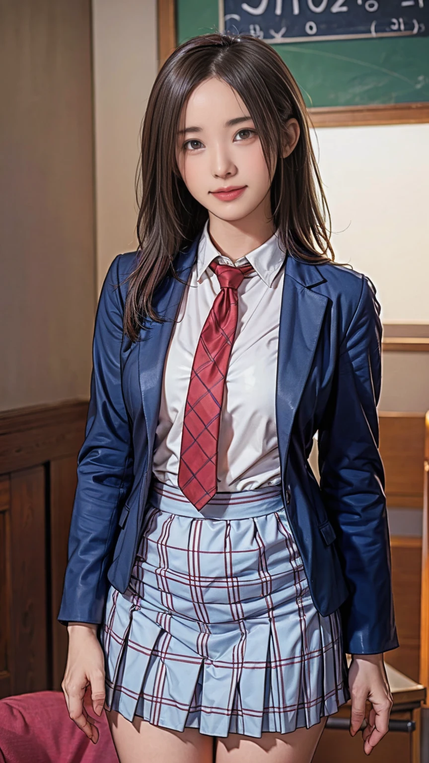 ((masterpiece)),(((best quality))),thin thighs,long legs,girl standing in school,red tie uniform,dark blue blazer,blue plaid skirt,18 years old,forehead,small smile,random pause，Pretty Woman，slim girl，