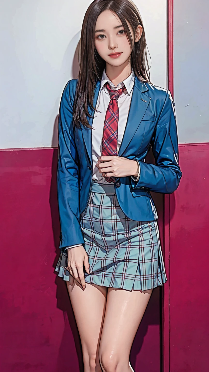 ((masterpiece)),(((best quality))),thin thighs,long legs,girl standing in school,red tie uniform,dark blue blazer,blue plaid skirt,18 years old,forehead,small smile,random pause，Pretty Woman，slim girl，