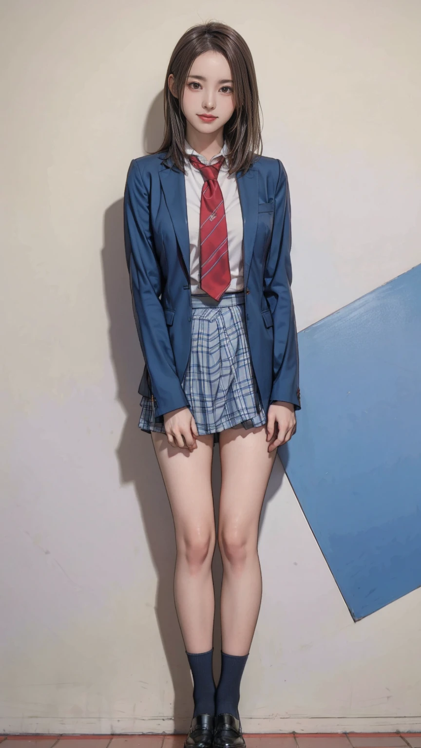 ((masterpiece)),(((best quality))),thin thighs,long legs,girl standing in school,red tie uniform,dark blue blazer,blue plaid skirt,18 years old,forehead,small smile,random pause，Pretty Woman，slim girl，