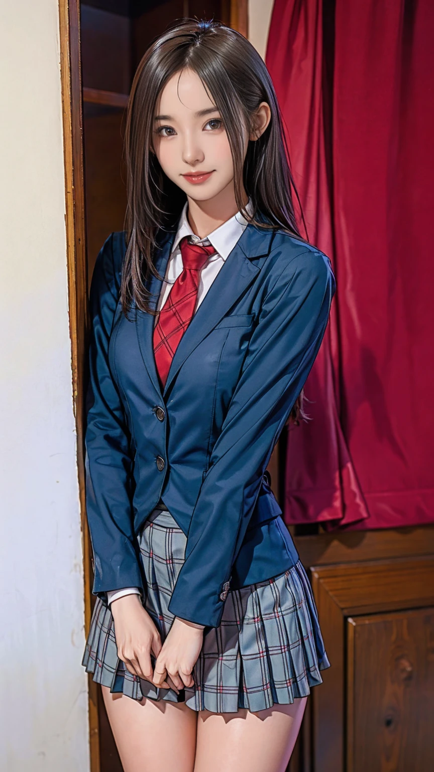 ((masterpiece)),(((best quality))),thin thighs,long legs,girl standing in school,red tie uniform,dark blue blazer,blue plaid skirt,18 years old,forehead,small smile,random pause，Pretty Woman，slim girl，