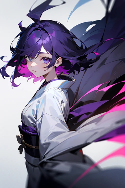 9 year old girl, has dark purple hair, His left eye was red and purple., His right eye is a normal black and white eye., There was a scar running down his left eye., Wear a purple, black and white kimono.