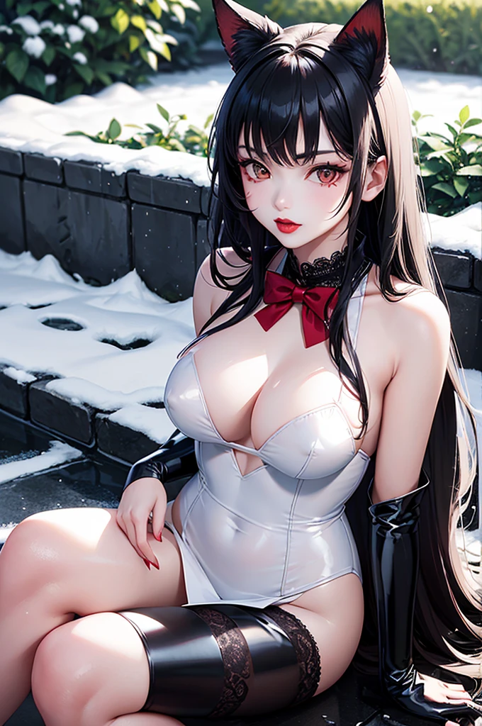 Detailed facial details，，1 girl，Red lips，Cat ear，Black long hair，Wearing snow-white latex lace bunny，Large Breasts，Slim，Collar，Radiant Skin，Sitting on the grass，garden