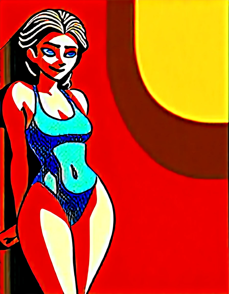 "An illustration of a woman on a bed, stretching like a cat in pop art style. The woman should have a relaxed and serene expression. The style should combine pop art elements with bold colors, dots, and exaggerated, expressive features. The scene should be simple and light, focusing on the woman's posture and action."