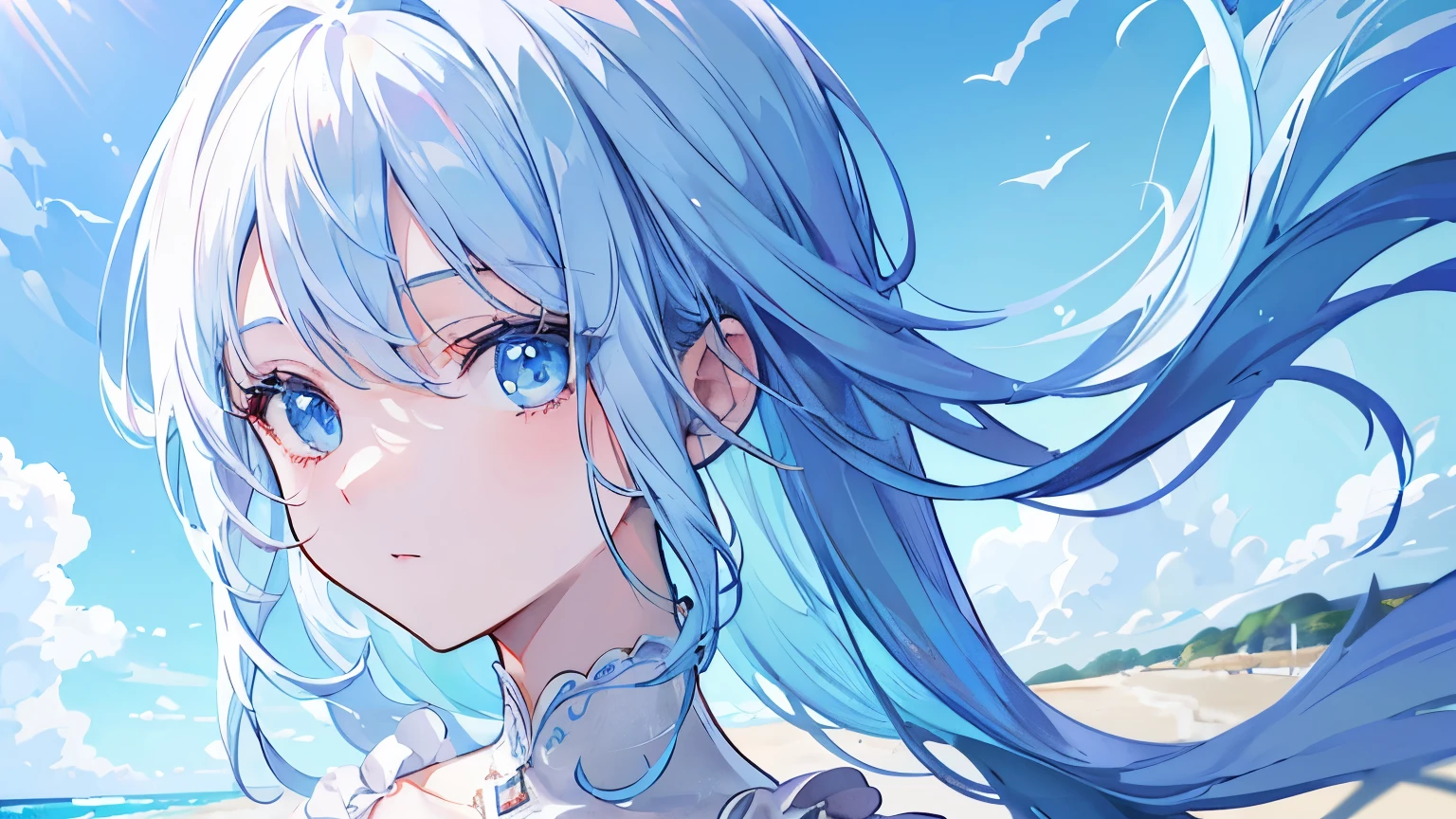 a beautiful girl with light blue hair, light blue eyes, and light blue clothes, standing on a beach with an ocean background, looking directly at the viewer, ocean vibes, (best quality,4k,8k,highres,masterpiece:1.2),ultra-detailed,(realistic,photorealistic,photo-realistic:1.37),HDR,UHD,studio lighting,ultra-fine painting,sharp focus,physically-based rendering,extreme detail description,professional,vivid colors,bokeh,portrait