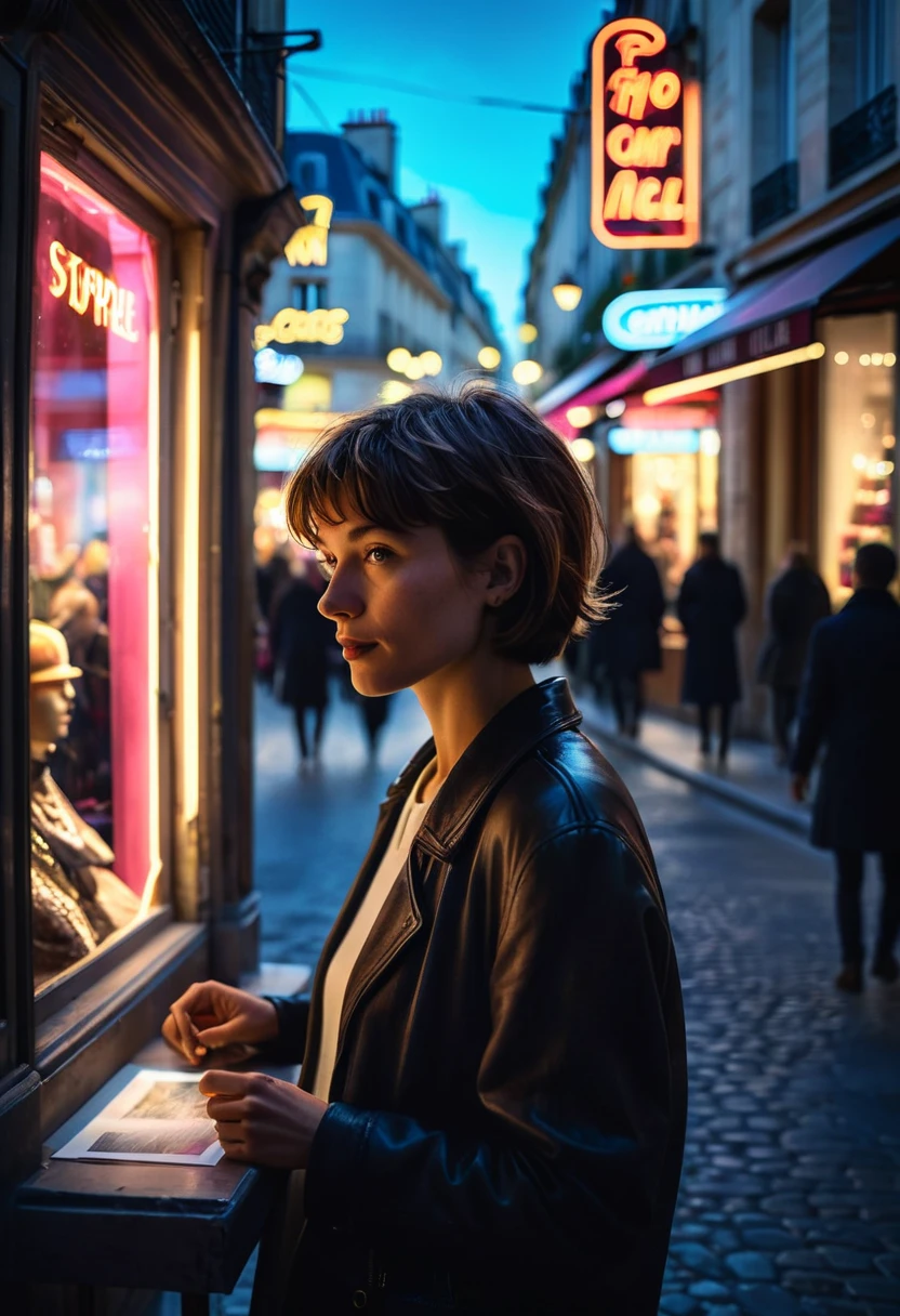 Street photography photo of a stylish French girl, with short hair, capturing her while window-shopping, upper body framing, on a quaint Parisian street, with neon lighting from shop signs, shot from a high angle, with a (bokeh effect:1.3), (in the style of Garry Winograd:1.4)