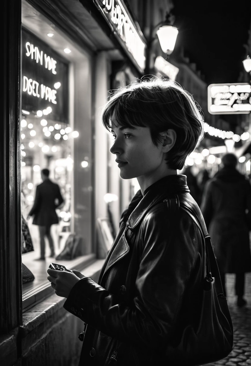 Street photography photo of a stylish French girl, with short hair, capturing her while window-shopping, upper body framing, on a quaint Parisian street, with neon lighting from shop signs, shot from a high angle, with a (bokeh effect:1.3), (in the style of Garry Winograd:1.4)