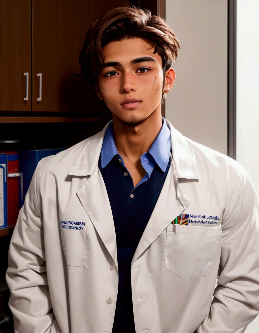 Medium shot,Medicine student ,2nd year , cool , hunk, 22 year old,tan skin,(messy brown hair),handsome , in university,uniform