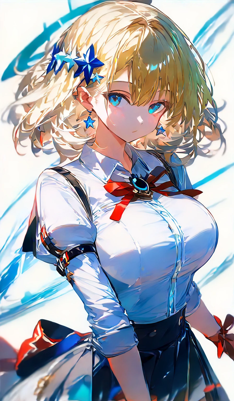 Highest quality, Ultra-detailed CG Unity 8k Wallpaper, Beautiful details、Large Breasts、Blonde、T-pose、White Shirt、mini skirt、Red ribbon、Lady、Slanted Eyes,masterpiece,high quality,Virtual YouTuber, girl,blue medium hair,Blue eyes, (concept art, official art,full body)(three sided view:1.3), simple background