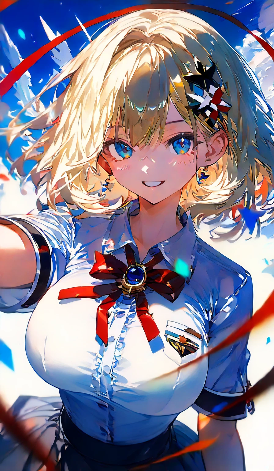 Highest quality, Ultra-detailed CG Unity 8k Wallpaper, Beautiful details、Large Breasts、Blonde、T-pose、White Shirt、mini skirt、Red ribbon、Lady、Slanted Eyes,masterpiece,high quality,Virtual YouTuber, girl,blue medium hair,Blue eyes, (concept art, official art,full body)(three sided view:1.3), simple background