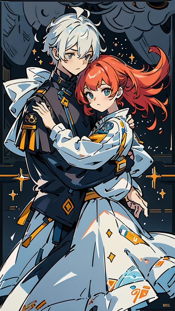 Men and women with the same face、, Men and women with the same eye color、, Men and women with the same hairstyle and hair color、, Embrace each other、, twins、, constellation、, star、, universe、, cinematic lighting, UHD, highres, best quality, 8k