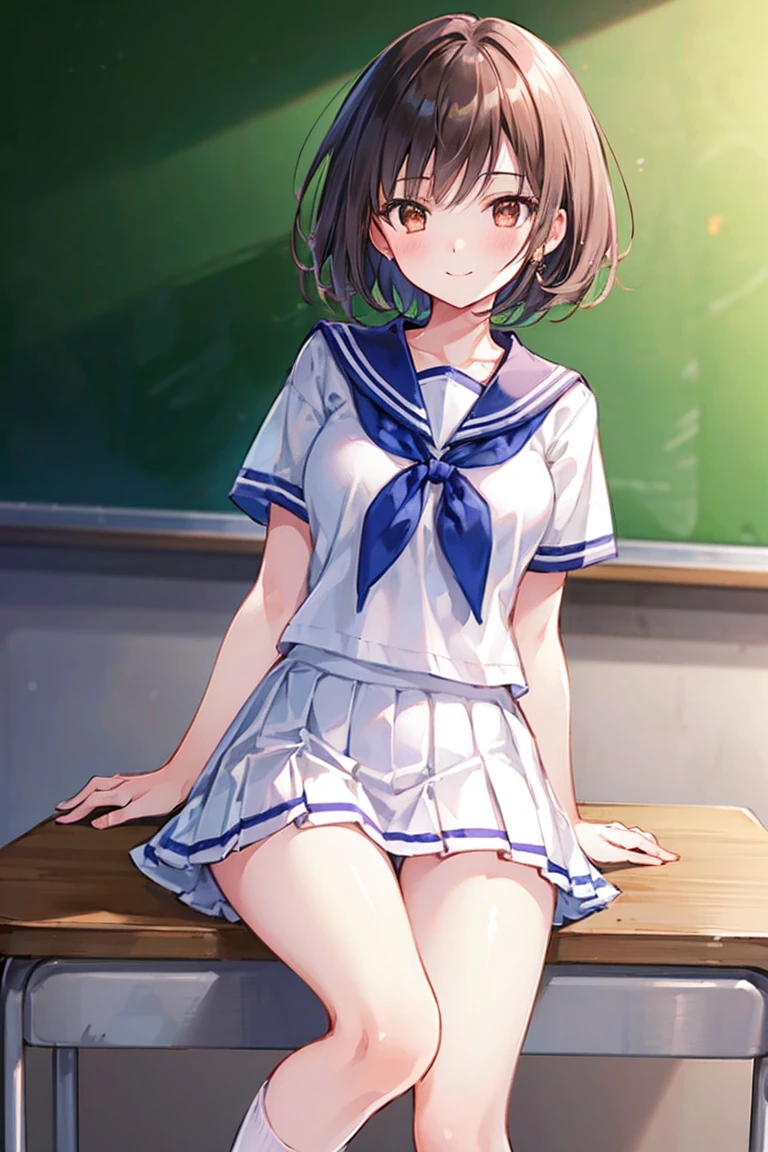(masterpiece: 1.3),(Highest quality:1.4),超High resolution,(Detailed eyes),(Detailed facial features),(Detailed clothing features),High resolution,8k resolution, Ground Focus, bangs, Firm Skin, (Glowing Skin ),(Slender girl),dream-like, (Very detailedイラスト),scenery,No text, Virtual Girl Rin, Happy, smile, (Small breasts), bangs, Bob Hair, short hair, Brown Hair, Brown eyes, One Girl, student, high school, white , Sailor suit, Dark red pleated skirt, socks, sneakers,((Highest quality)), (Very detailed), (High-definition CG synthesis 8K wallpaper), 高いly detailed, 高い-definition raw color photos, Professional photography, (((Bokeh))), Written boundary depth,Underwear is visible,classroom