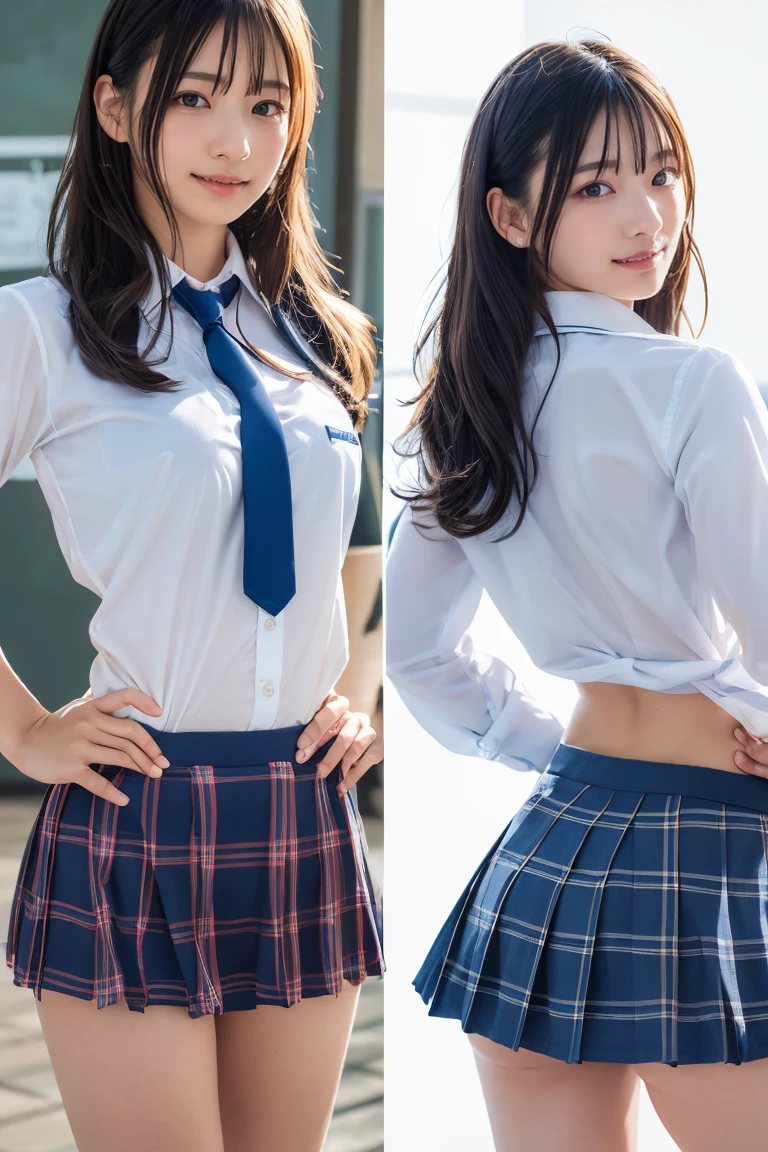 ((school uniform)),ribbon at neck,(school uniform and ((Plaid navy skirt)) and white shirt:1.1), Skin color, big , smile, (8k, RAW Photos, Highest quality, masterpiece:1.2), masterpiece, super detailed, super high quality, (Realistic and Realistic photography:1. 37), High-resolution RAW color photos, Very delicate and beautiful, highly detailed, 8k壁紙, wonderful, detailed, Very eye, very detailed, very detailed skin, very thin fingers, very detailed nose, very detailed mouth, Perfect Anatomy, Upper Body, studio, Soft lighting, A full-body shot of a cute idol wearing a one-piece swimsuit, Playful pose, Hands on hips, smile, Pastel Background, Realistic, Attention to detail, studio photography