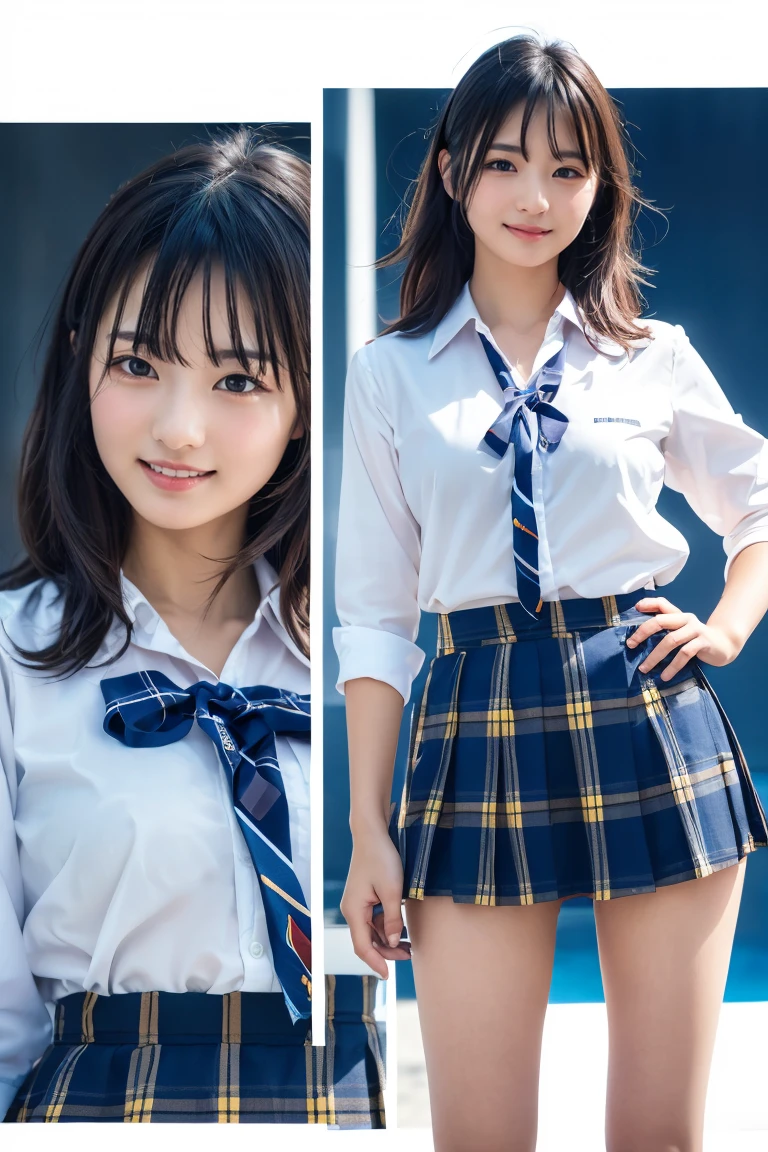 ((school uniform)),ribbon at neck,(school uniform and ((Plaid navy skirt)) and white shirt:1.1), Skin color, big , smile, (8k, RAW Photos, Highest quality, masterpiece:1.2), masterpiece, super detailed, super high quality, (Realistic and Realistic photography:1. 37), High-resolution RAW color photos, Very delicate and beautiful, highly detailed, 8k壁紙, wonderful, detailed, Very eye, very detailed, very detailed skin, very thin fingers, very detailed nose, very detailed mouth, Perfect Anatomy, Upper Body, studio, Soft lighting, A full-body shot of a cute idol wearing a one-piece swimsuit, Playful pose, Hands on hips, smile, Pastel Background, Realistic, Attention to detail, studio photography