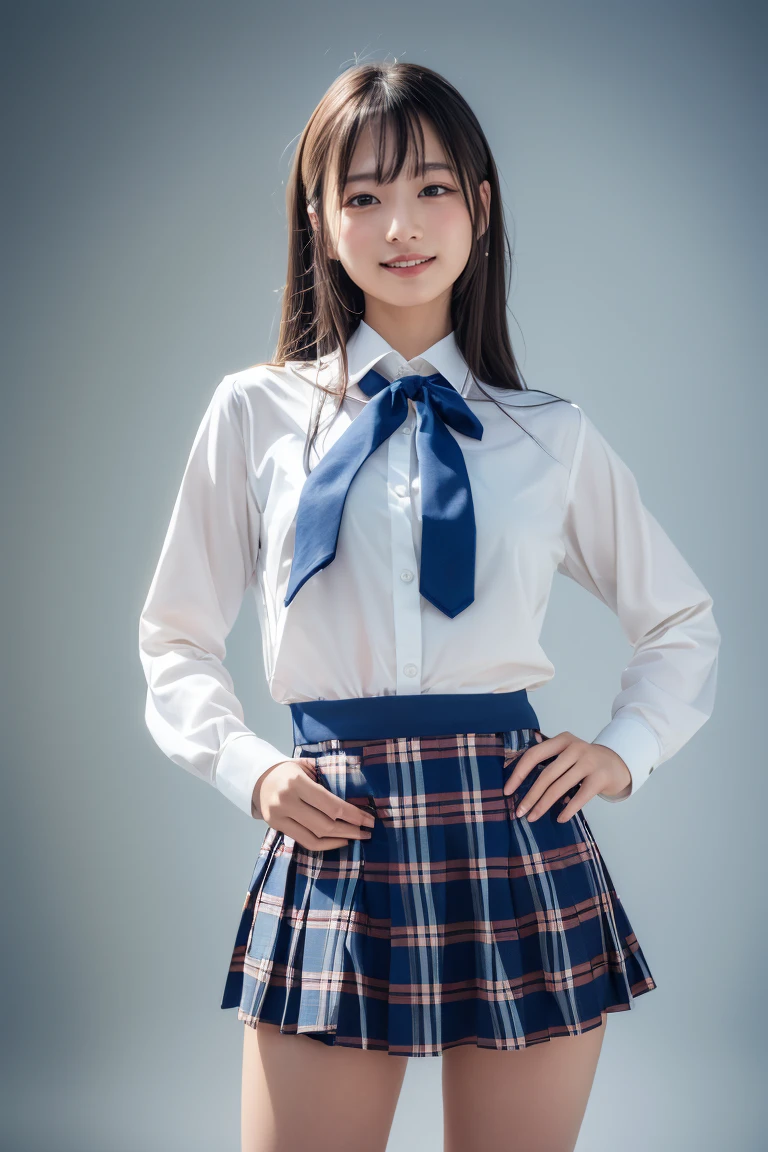 ((school uniform)),ribbon at neck,(school uniform and ((Plaid navy skirt)) and white shirt:1.1), Skin color, big , smile, (8k, RAW Photos, Highest quality, masterpiece:1.2), masterpiece, super detailed, super high quality, (Realistic and Realistic photography:1. 37), High-resolution RAW color photos, Very delicate and beautiful, highly detailed, 8k壁紙, wonderful, detailed, Very eye, very detailed, very detailed skin, very thin fingers, very detailed nose, very detailed mouth, Perfect Anatomy, Upper Body, studio, Soft lighting, A full-body shot of a cute idol wearing a one-piece swimsuit, Playful pose, Hands on hips, smile, Pastel Background, Realistic, Attention to detail, studio photography