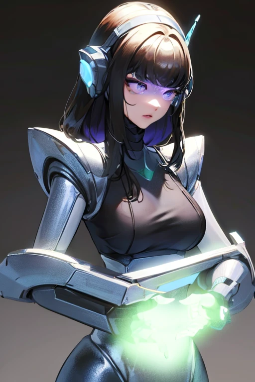 empty eyes,robotized woman ,big bust,Robot Joint ,Metal skin,black bodysuit