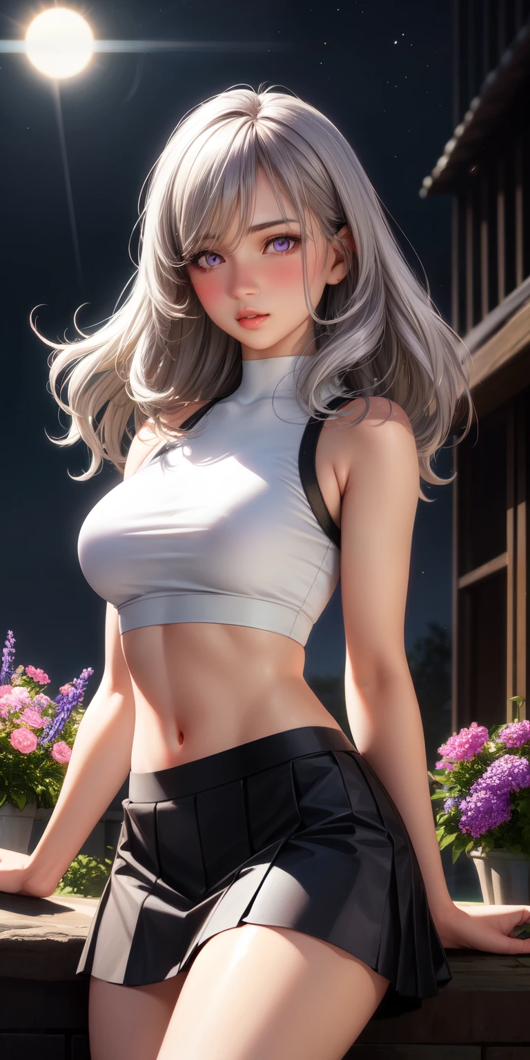realistic, 1girl, white hair, purple eyes, glowing eyes, crop top, skirt, parted lips, blush, night, flowers, sun, sunlight,