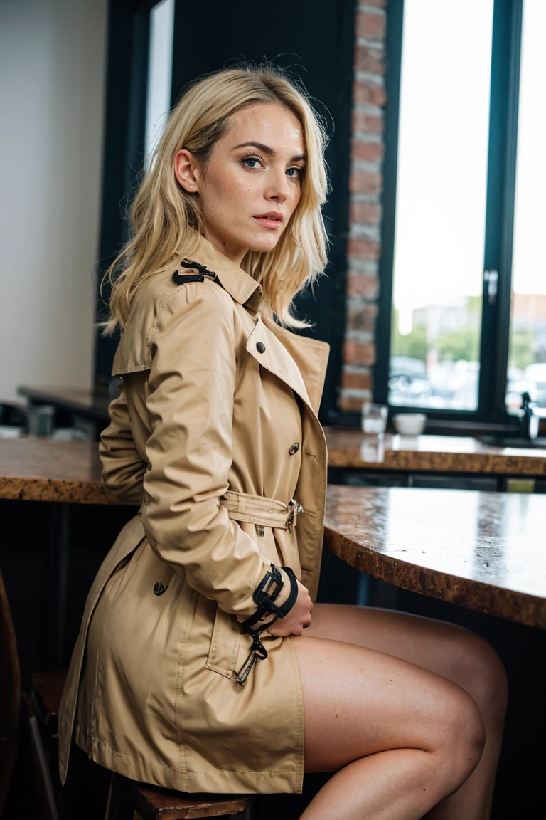 beautiful blonde woman wearing trench coat  sitting on a bar