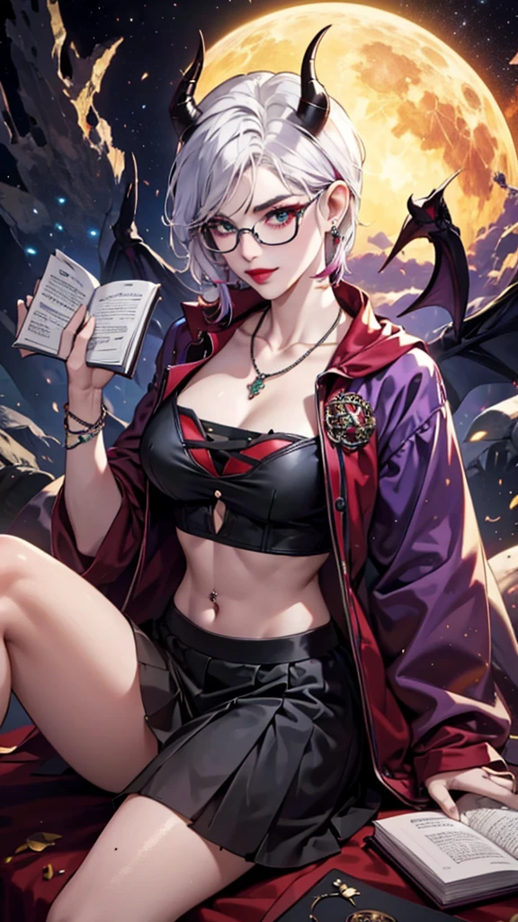 8k, masterpiece, best quality, highly detailed, 1 girl, tiefling, warlock, multicolored hair, very short straight hair green highlight hair on white hair, strippled hair, wearing glasses, round glasses, earrings, navel piercing, miniskirt, red eyeshadow, long eyelashes, blushed cheek, red lips, necklace, rings, collarbone, mole, glamorous, teal clothing, purple clothes, smirk, close up view, rings, looking at viewer, demon horns, solo, nightmarish landscape, blue pale moon, sitting, cosmic horror, decaying, holding devil books