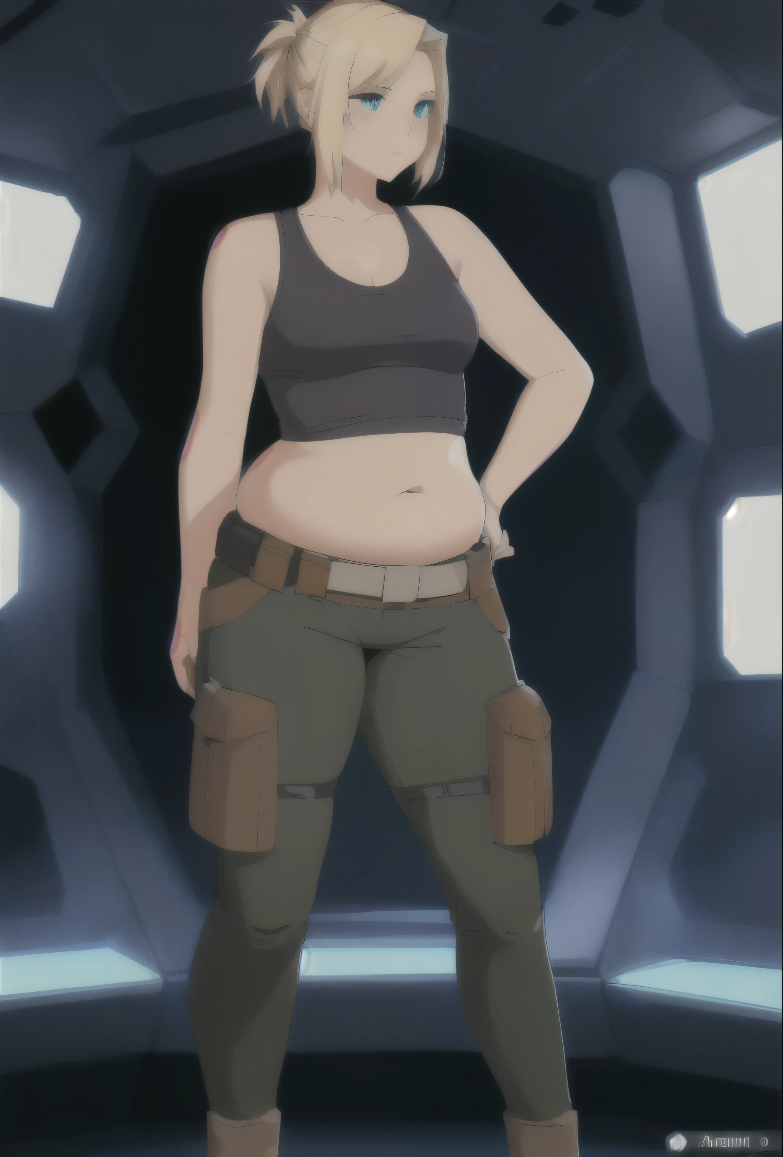 a woman in a black top and green pants standing in front of a wall, full body portrait of a short!, full body character portrait, full-body character portrait, in a dark space mercenary outfit, fullbody portrait, female lead character, !!full body portrait!!, character full body portrait, solo female character, rpg portrait full body, full portrait, colorful, chubby belly,