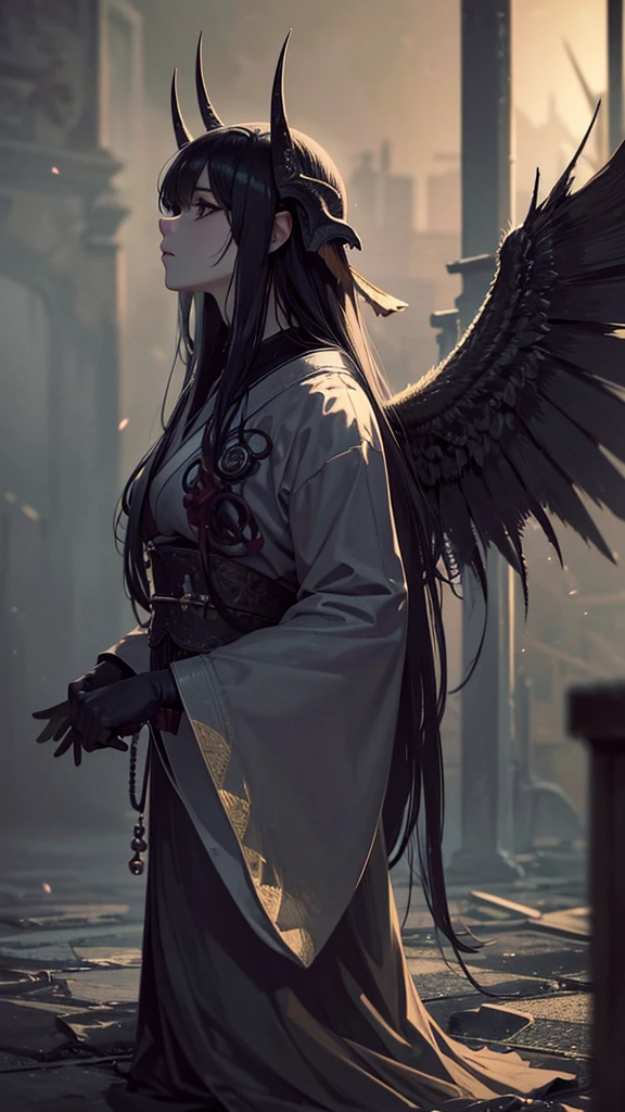 a young japanese girl, demon, demonic wings, abandoned church, full body view, low angle shot, (best quality,4k,8k,highres,masterpiece:1.2),ultra-detailed,(realistic,photorealistic,photo-realistic:1.37),detailed facial features, beautiful intricate eyes, long eyelashes, sharp focus, cinematic lighting, dramatic shadows, moody atmosphere, dark fantasy, gothic, muted color palette, dramatic lighting