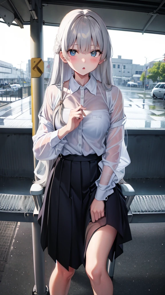 The clothes are wet, (Y-shirt is transparent: 1.4), skirt, (Unbroken body), (Perfect body structure), (arms two), (legs two), highest quality, 4K, (High resolution: 1.3) masterpiece , 1.2, Super detailed, HDR, Studio Lighting, Sharp Focus, Bright colors, Portrait, Warm tones, Soft Lighting,Silver Hair、Blue Eyes、long hair、Rainy bus stop、Standing picture