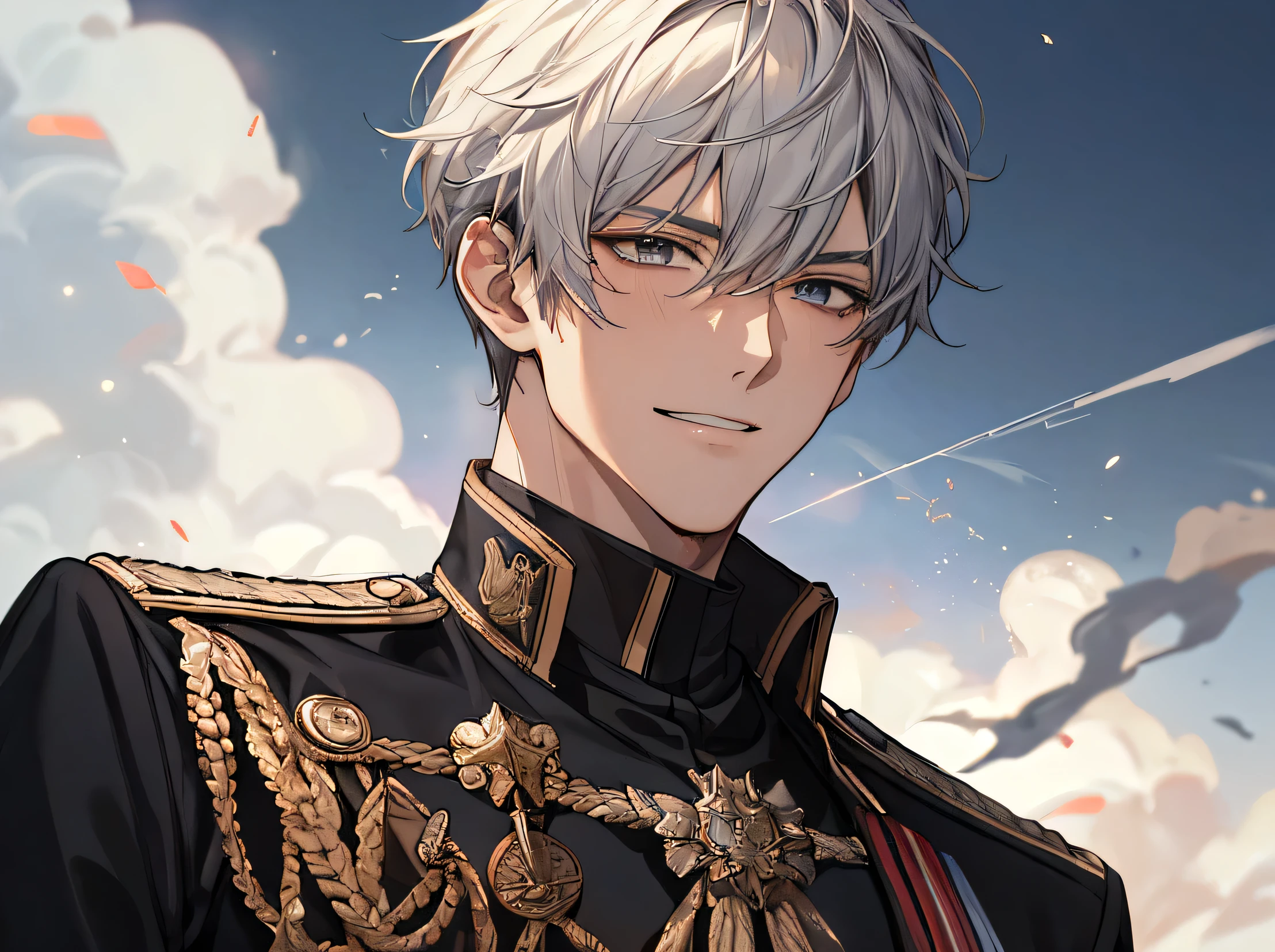 male,masterpiece,Face Focus,Face close-up,Dynamic Angle,Laugh a little,Upper Body, ((masterpiece: 1.4, Highest quality)), One male,Black hair male,masterpiece,Alone in military uniform, Male in military uniform, Battlefield Gun,,Smoke and dust rose into the air, Add drama to an ongoing conflict